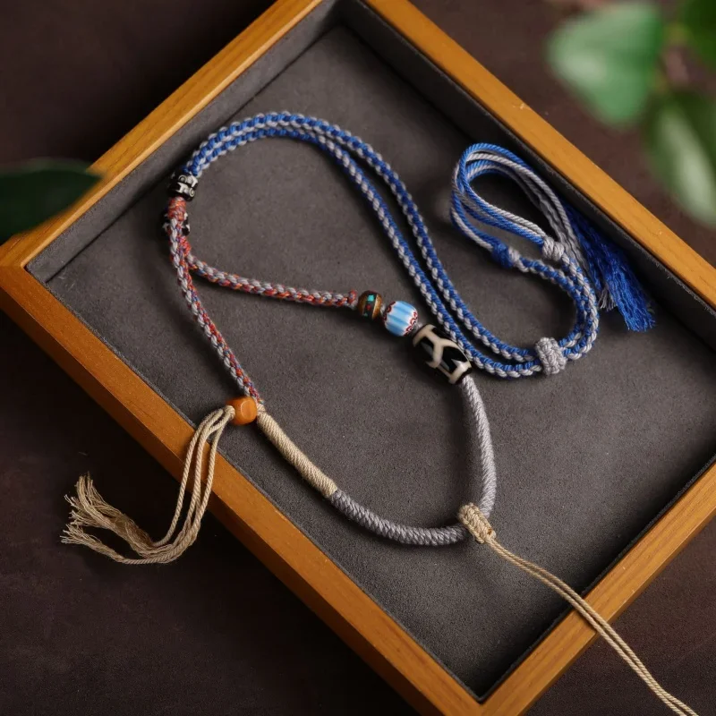 

Tibetan Style Hand-Knitted Rope Thangka Tibet Beads Pendant Rope Amulet High-End Lanyard Beeswax Necklace Rope Sweater Chain Eth