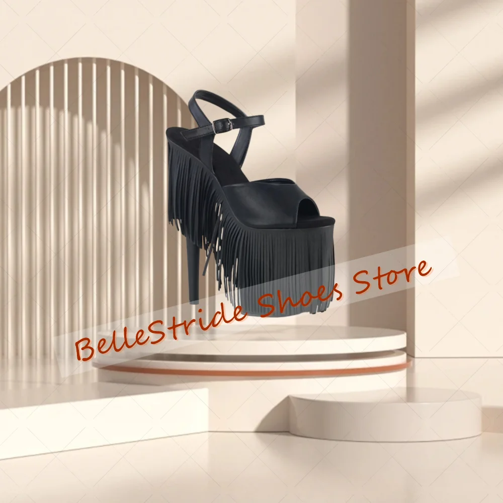 Black Tassels Cut Heel Platform Sandals Buckle Strap Women Shoes Thin High Heels Peep Toe Party Dating 2026 Zapatos Para Mujere