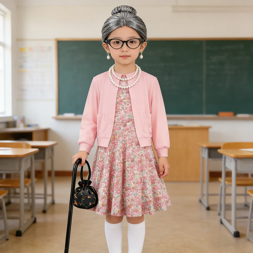 

Old Lady Disguise Theme 100 Days of School Sets For Children Granny Grandma Cosplay Costumes Girls Party Dresses With Accessory
