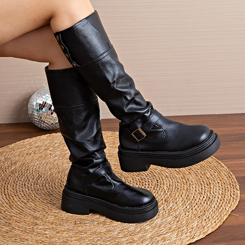 

2025 Autumn/Winter New Women's Platform Knee-High Boots - Metal Buckle Strap Equestrian Boots, Round Toe Soft Leather Boots