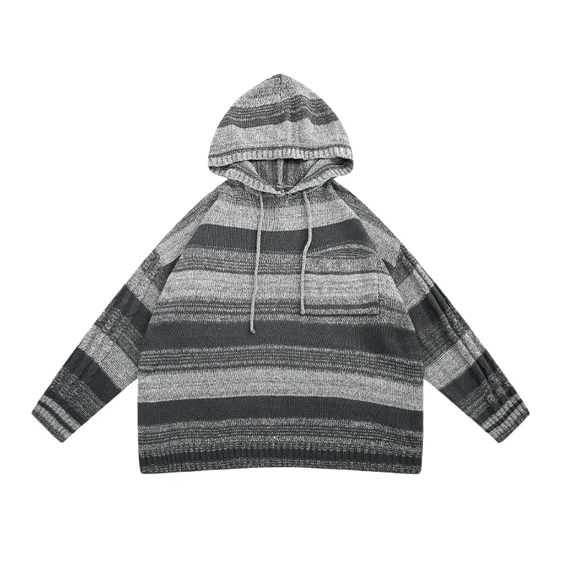 Jaqueta Masculina Retrô de Tricô com Capuz, Manga Longa, Bloco de Cores, Caimento Solto, Confortável e Respirável, Estilo Étn...