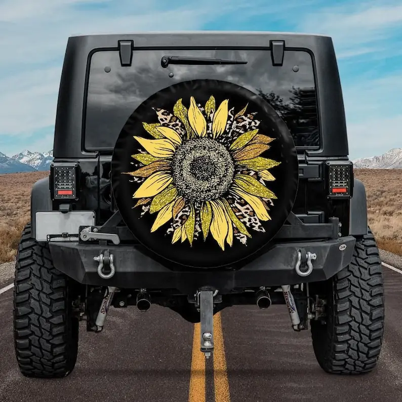 Spare Tire Cover with Yellow Cheetah Sunflower design, Cheetah Sunflower Wheel Cover with backup camera hole, Sunflower Camper T