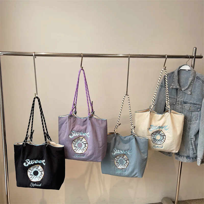 Trendy Large Capacity Donut Embroidery Shopping Bag Handbag Shoulder Bag Tote Bag Eco-friendly Cross-border Style Bucket Shap...