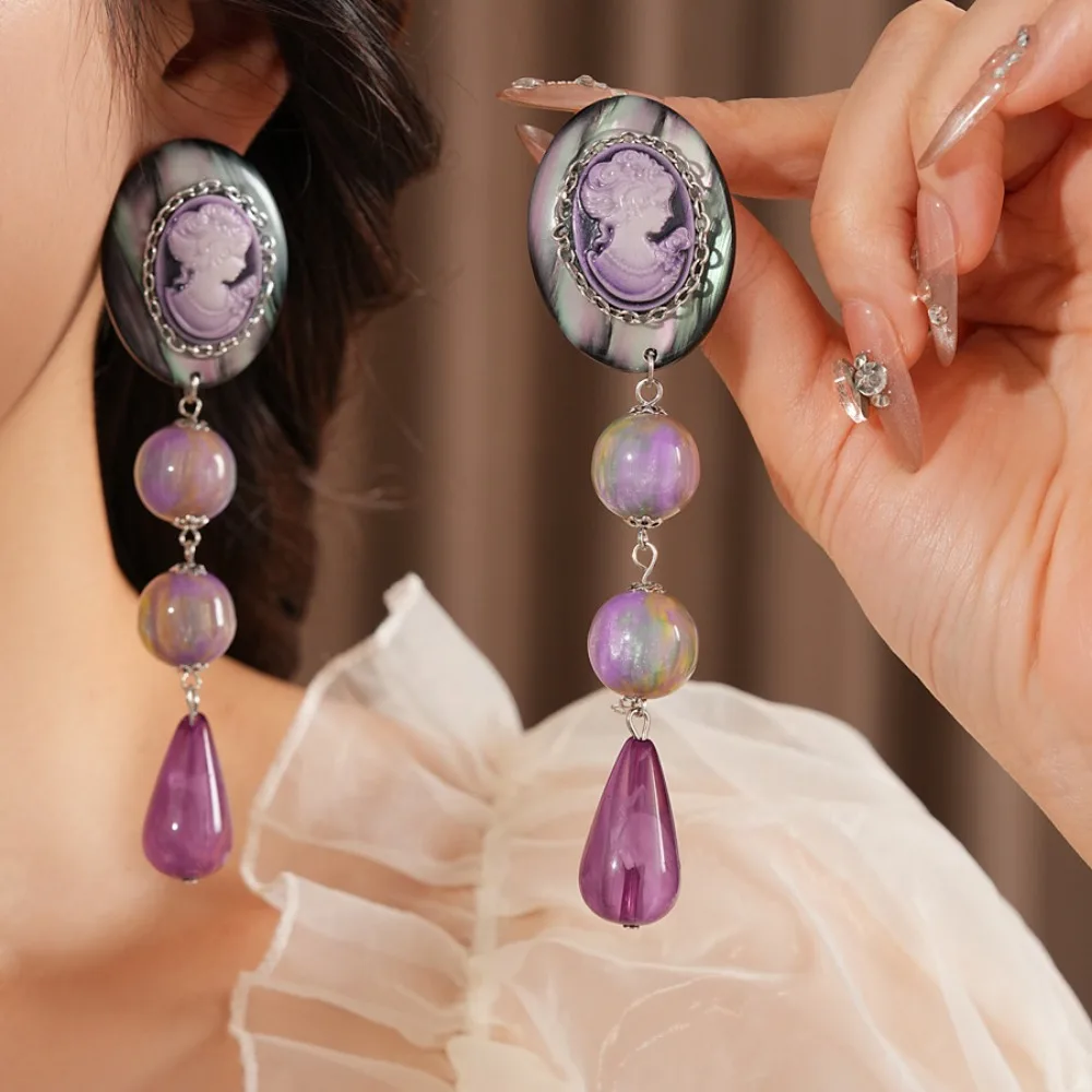 Vintage Timeless Silver Tone Purple Cameo Portrait Marble Texture Teardrop Bead Dangle Earrings for Women Art Exhibition Jewelry