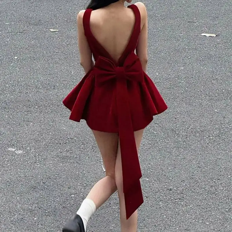 Modisches rotes Mini-Kleid mit Schleife, Trägern, quadratischem Kragen, ärmellos, rückenfrei, Vintage, niedlich, für Damen, schmal geschnitten, Party, kurze A-Linien-Kleider Y30D