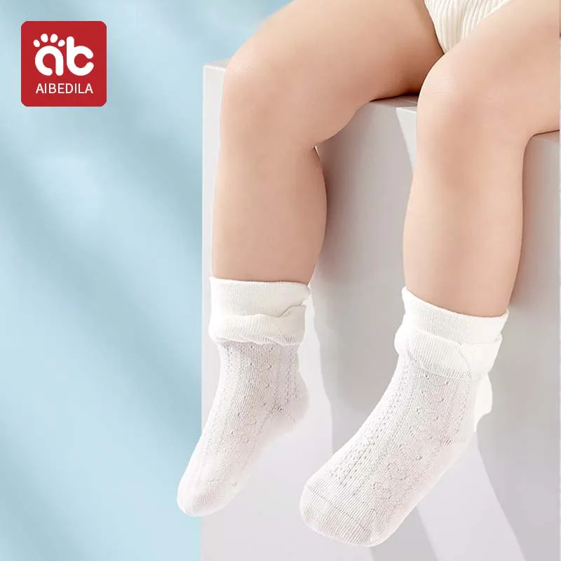 

AIBEDILA Baby Ruffle Socks Solid Color Cotton Breathable Mesh Socks for Baby Girls Newborn Infant Toddler Kids Socks 0-3years