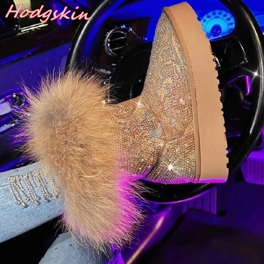 Shiny Full Rhinestone Boots for Women Round Toe Fur Warm Mid Snow Cotton Boots 2024 New Hot Sale Thick Sole Flat with Boots