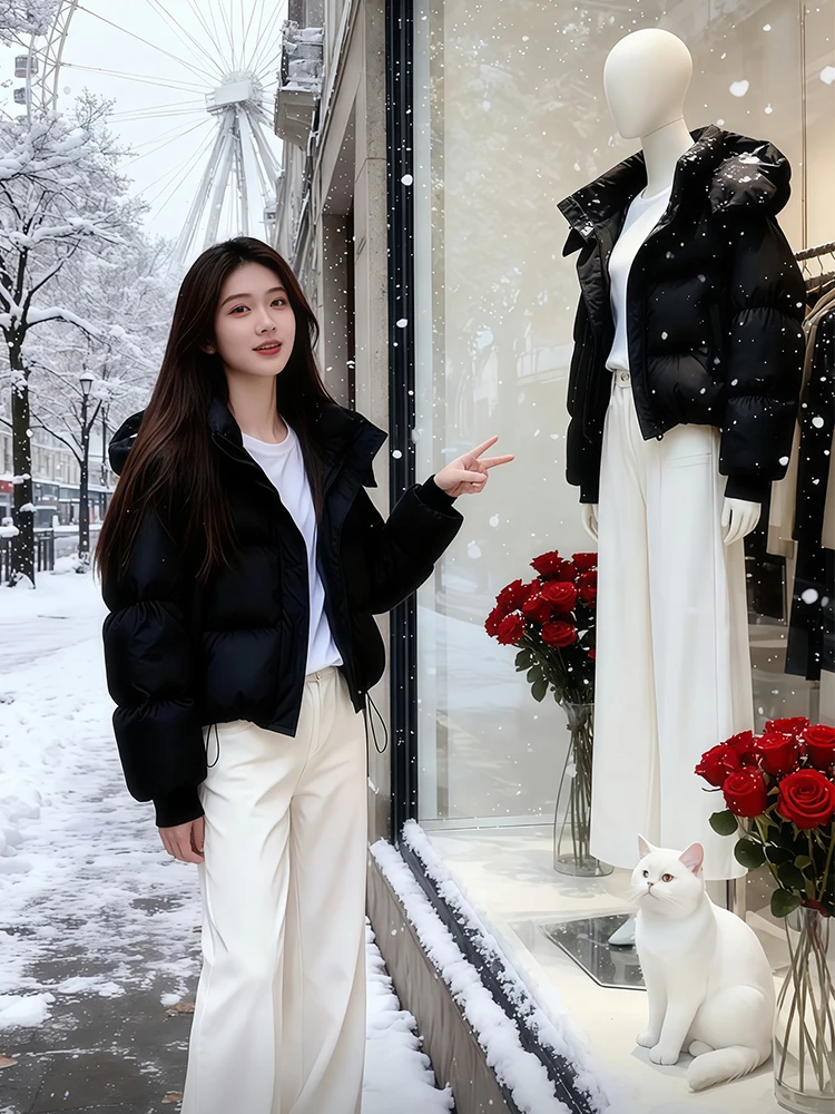 

Черная короткая пуховая куртка для женщин, зимняя утепленная куртка-пуховик в корейском стиле, свободного кроя, из хлопка, верхняя одежда