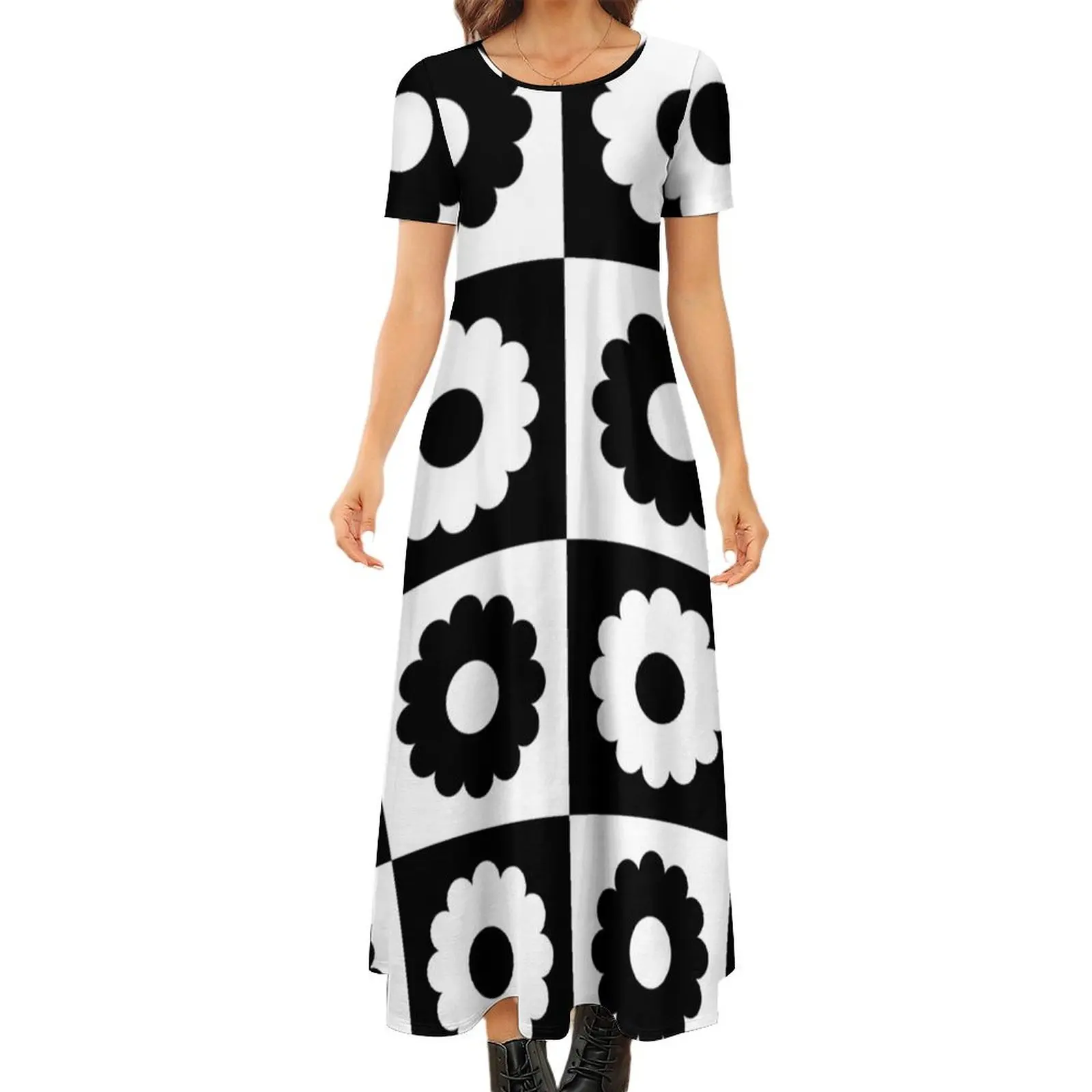 

Vintage Flowerpattern Black and White Round Neck Short Sleeve Dress birthday dress women"s summer dresses 2024