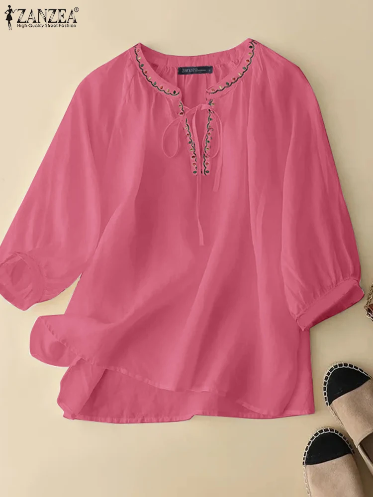 

ZANZEA Summer O Neck 3/4 Sleeve Shirt 2025 Elegant Women Blouses Casual Work Tops Tunic Embroidery Blusas Loose Chemise Oversize