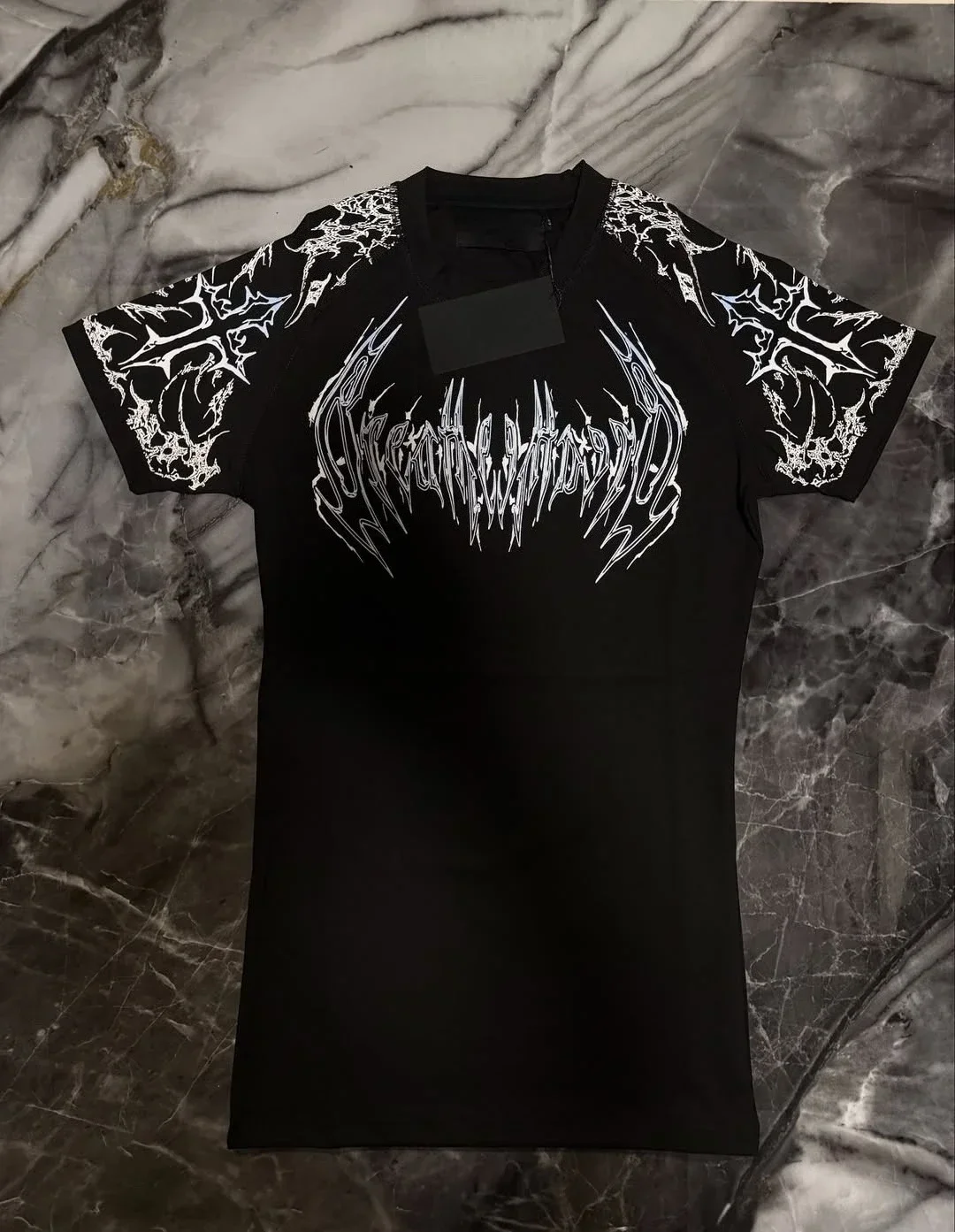 American 2025 nuevas camisas transpirables de secado rápido camisa compresa rosa patrón gótico Fitness verano hombres gimnasio ropa deportiva camiseta de moda