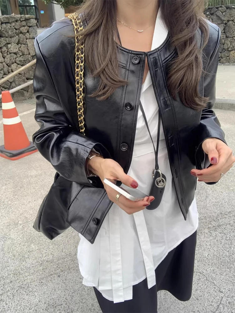 Women's Autumn Winter O Neck Long Sleeve Single Breasted Pu Leather Jacket Lady Streetwear Single Breasted Loose Leather Outwear