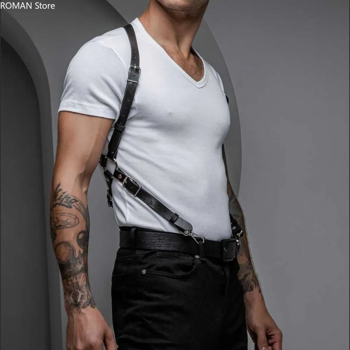 

Men's Leather Chest Belt Adjustable Leather Fashionable Heavy Duty Body Harnesses for Men Dress Shirt Suit