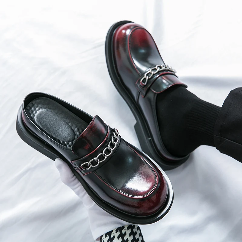 Original Design Summer New Daily Street Dress Style Leather Mules For Men's Black Hombre Teenager Casual Height Increasing Shoes