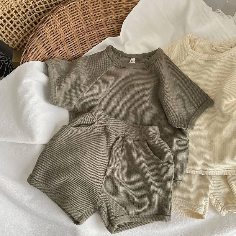 2026 Summer 1-6Y Childrens Set Waffle-patterned T-shirt and Shorts 2PCS Girls Set Scandi Style Boys Suit