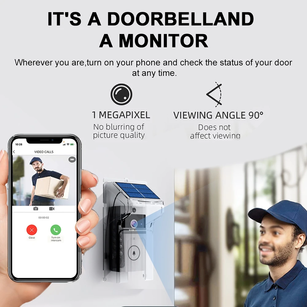 Wireless Doorbell Wifi Smart Video Monitor Mobile App Remote Control Voice-Changing Intercom Doorbell Solar Charge Rain Cover