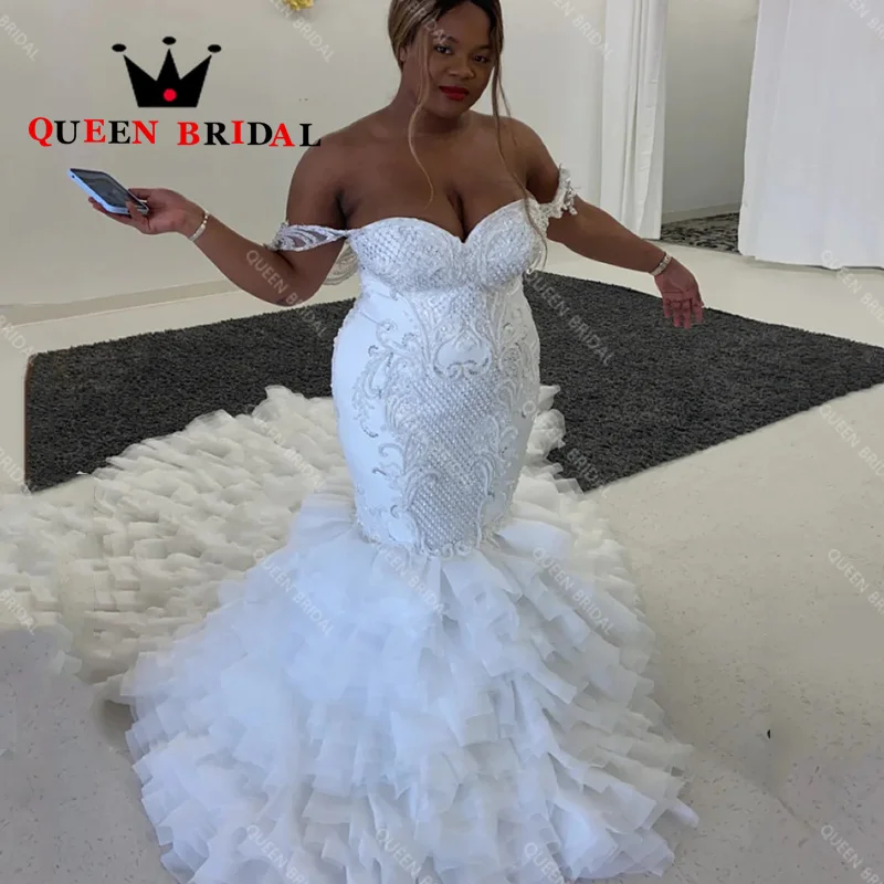 Sweetheart Mermaid Wedding Dresses Luxury Beading Crystal Off Shoulder Ruffles Train Bridal Gowns Vestidos De Novia Custom S08Y