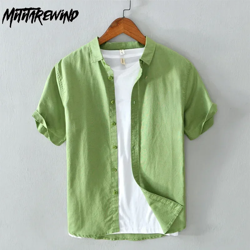 

Летние зеленые рубашки для мужчин: дышащие пляжные рубашки из хлопка и льна в японском стиле, повседневные рубашки с коротким рукавом, простые дышащие топы