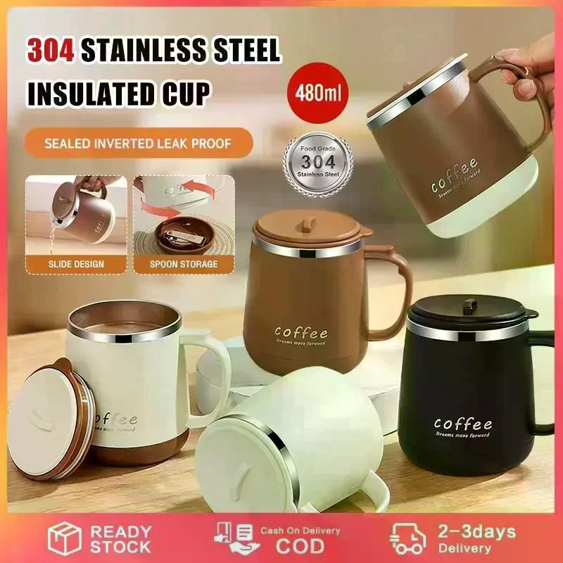 304 Stainless Steel 480ml Insulated Mug Lid Tea Infuser Drop-Proof Design Office Coffee Gift