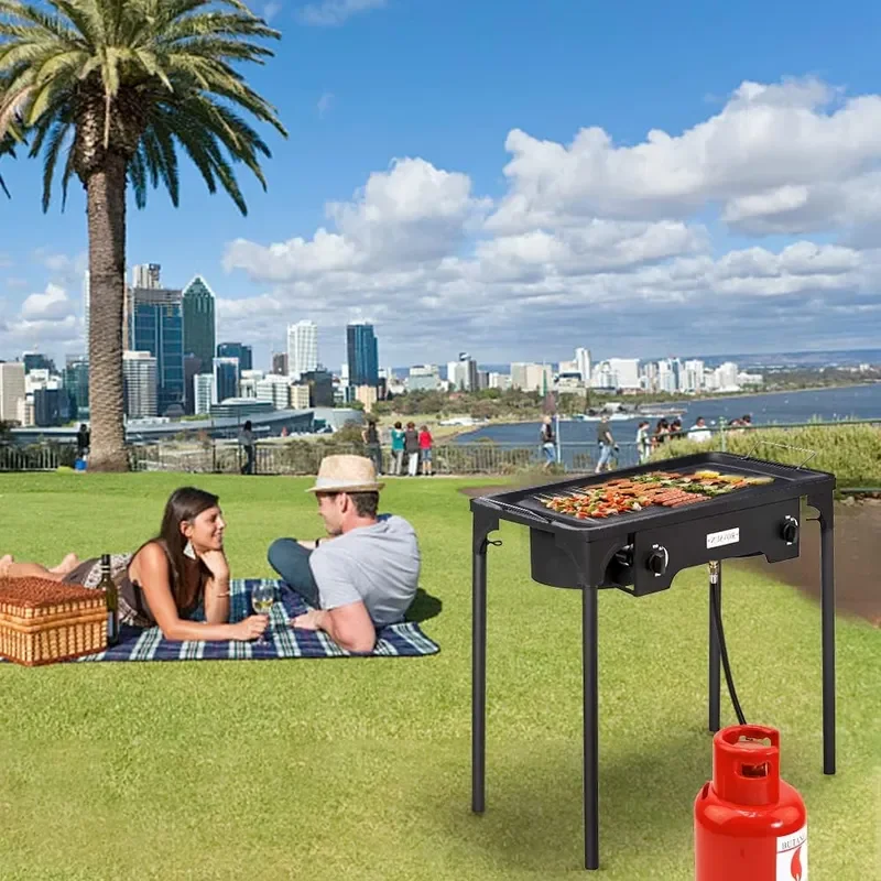 2 Burner Outdoor Propane Gas Stove with Regulator High Pressure 150000 BTU Stand Cooker for Backyard Cooking Camping Home