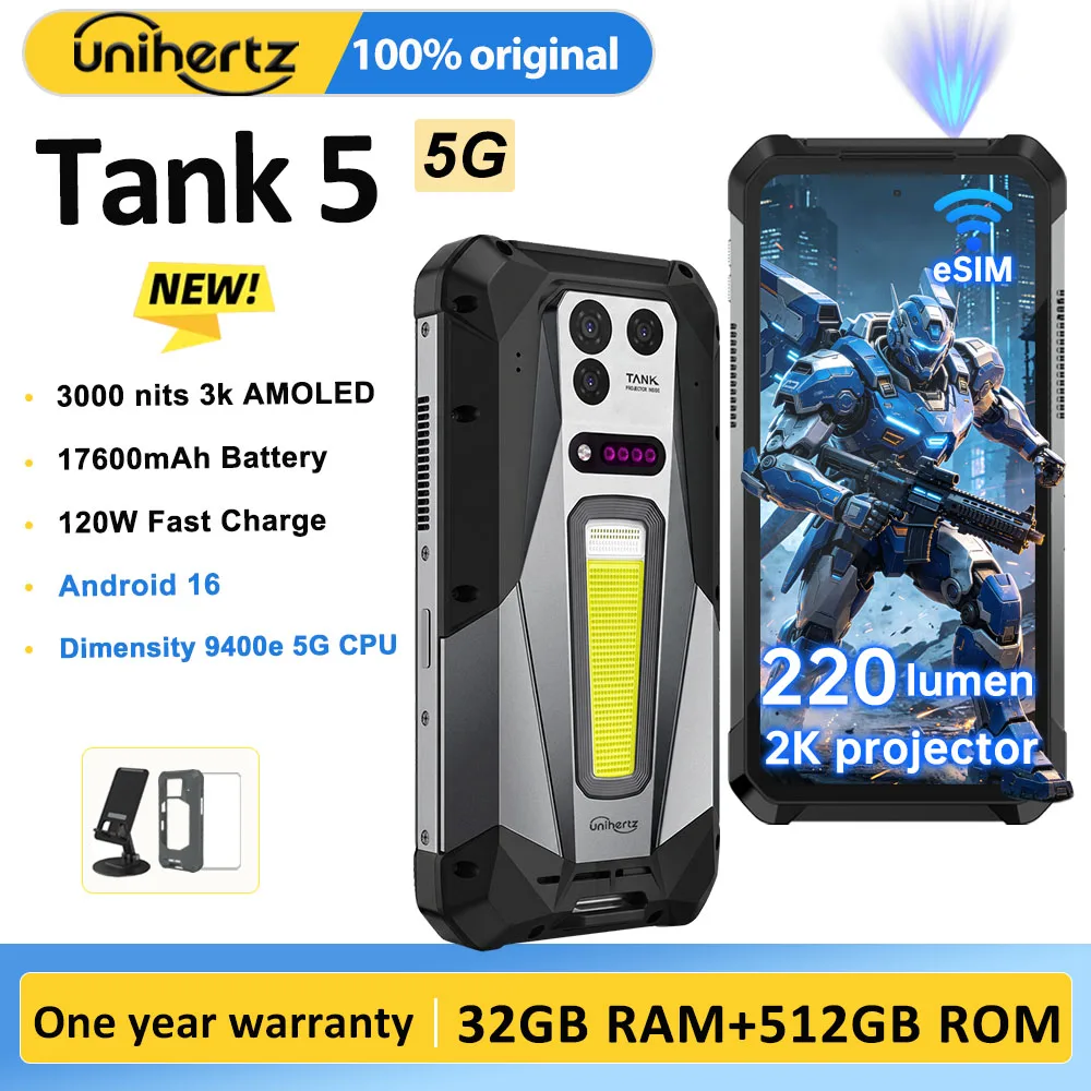 Unihertz 8849 TANK 5 Rugged Smartphone - World's First 2K Projector 9400e CPU 3K AMOLED 18GB+512GB 17600mAh Support eSIM WiFi 7