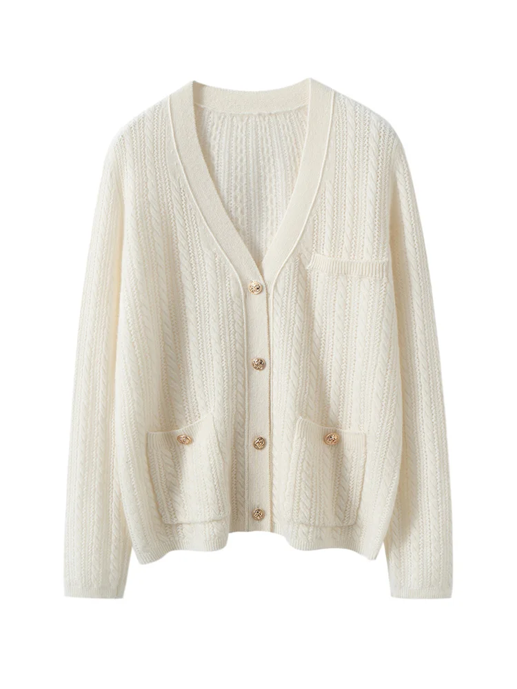 

MEETCC Women's 100% Cashmere Hollow Out Cardigan V Neck Buttoned Pockets Cable Knit Sweater Spring Autumn Classic Outerwear