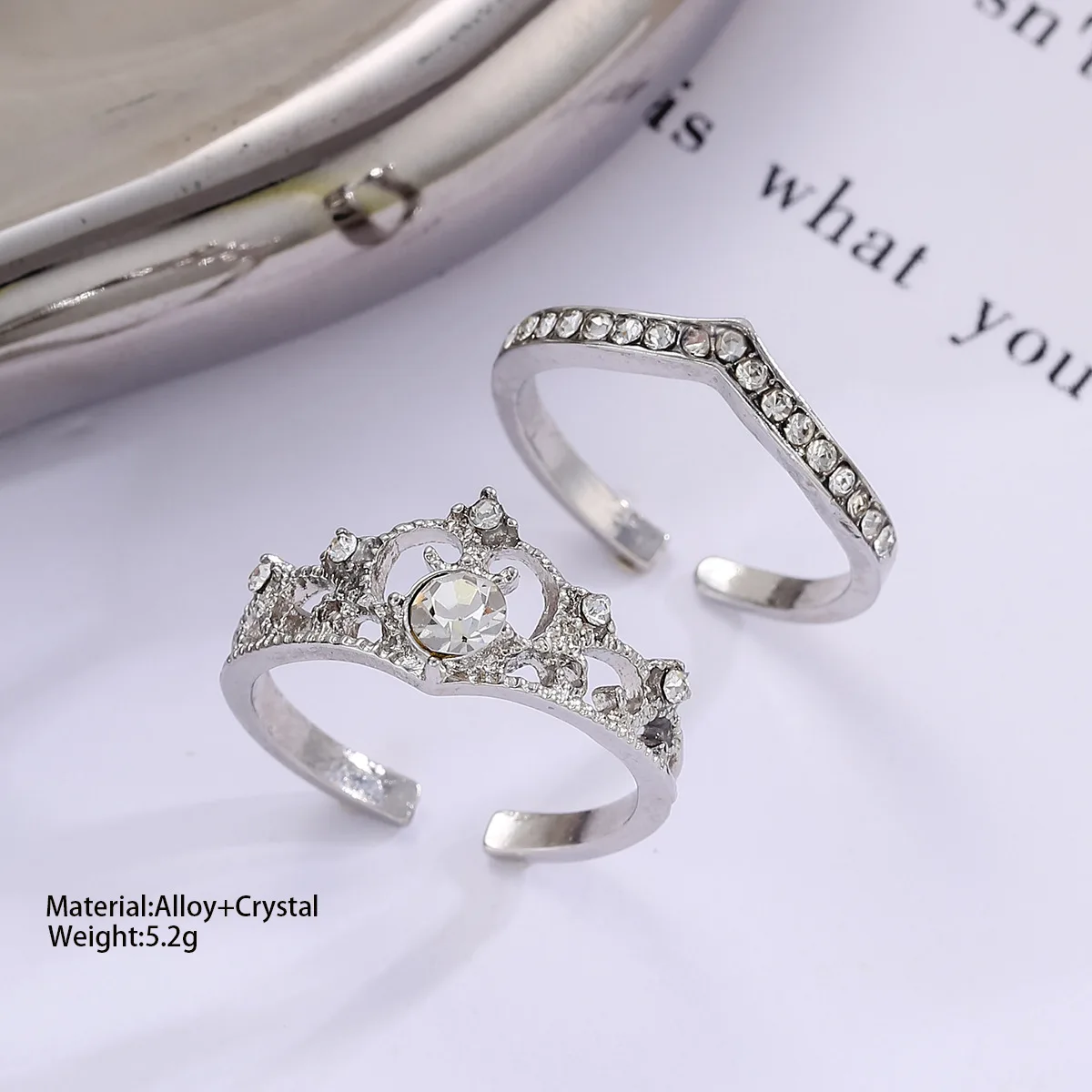 2 Piece Crown Rhinestone Open Ring Set for Women Wedding Band Stackable Silver Tone Lightweight Daily Adjustable
