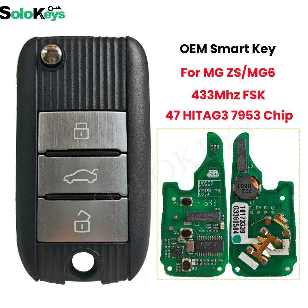 

SOLOKEYS OEM Flip Folding Smart Key For MG ZS/MG6 433Mhz FSK 3 Buttons 47 HITAG3 7953 Chip With Blade