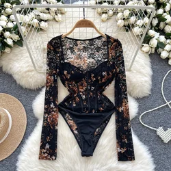 Women Sexy Lace Bodysuit Chic Square Neck Jumpsuits Summer Beach Vacation Slim Rompers Clothing