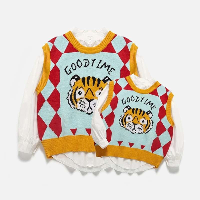 Autumn Winter Christmas 2022 New Mother Kids Tiger Vest Mommy and Me Father Son Matching Clothess Fashion Family Sweater