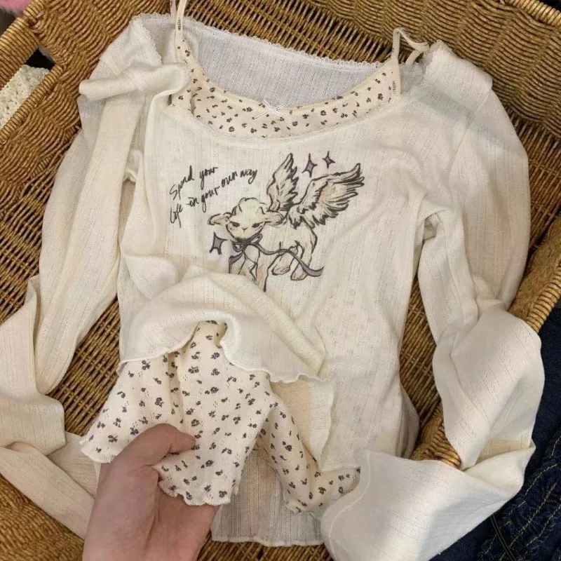 Sweet Korean Y2k Lace Long-sleeved T-shirt Female Fall Outside The Design Sense Printing Slim Thin False Two Pieces of Tops