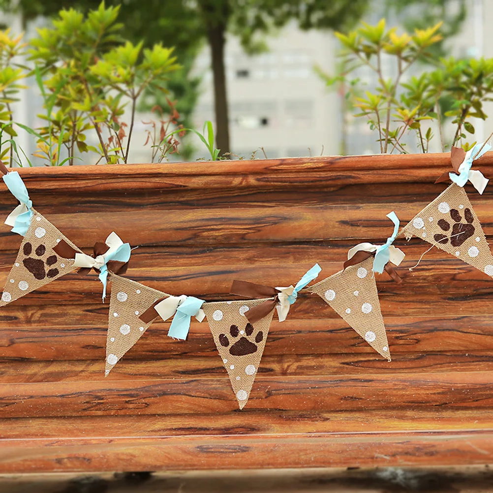 

Linen Bunting Banner Vintage Style Animal Footprint Design White Polka Dots Bowknots Hanging Wall Ornament for Zoo Themed Party