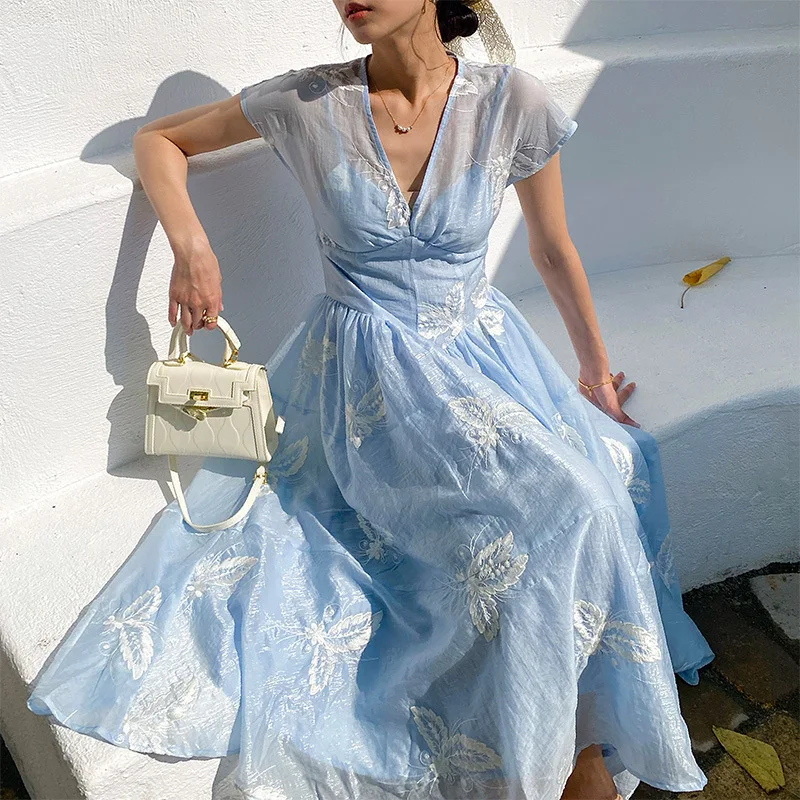 

Spring and Summer French Style Dress for Women Embroidery Spend One's Holidays Long Skirt Socialite Style V-neck Breathable