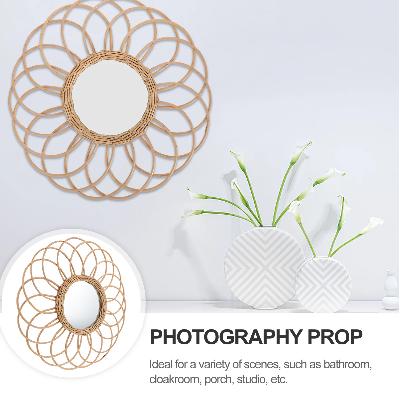 1pc geweven decoratieve kaki aan de muur gemonteerde handgeweven make-upspiegel voor badkamer slaapkamer studio home decor hangende make-upspiegel