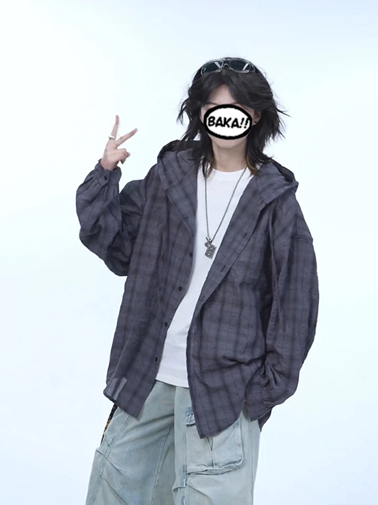 

Lightweight Long Sve Plaid irt Men's Summer Anti UV Ice Silk Hooded American Retro Couple's Jaet Deep ey Geometric P...