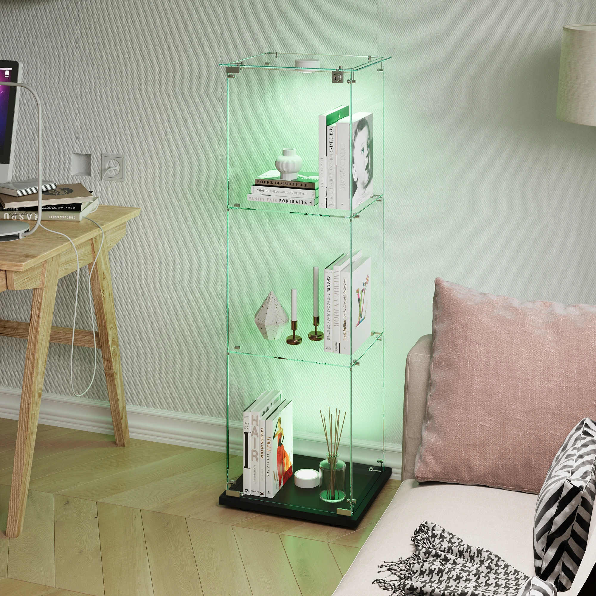 Rosahqnda glazen vitrinekast met één deur, 5 planken, zwarte curiosakasten voor woonkamer, slaapkamer, kantoor, collectiedisplay