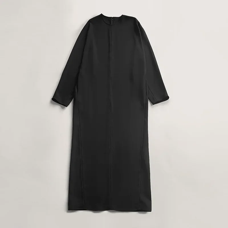 

LUXURY Long Skirt Made of Black Vinegar Material Blended with Loose Bat Sleeves, Double Pocket Dress with Good Drape 2024