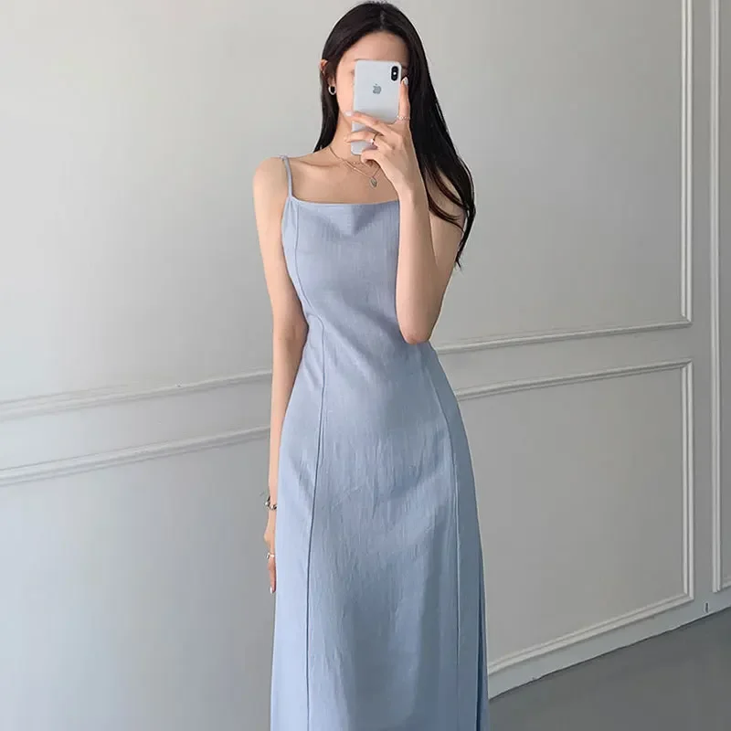 

Summer Korean Fashion Elegant Slim Fit Dress For Women Solid Cotton And Linen Square Neck Sleeveless Maxi Dresses For Women Y2k