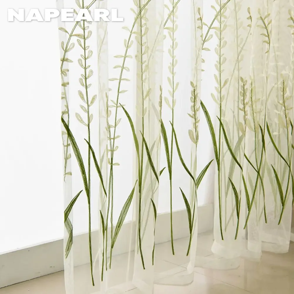 1PC NAPEARL 10%-20% Green Leaves Printed Sheer Curtain Tulle Gauze Transparent Sheer Curtain Window Drapes Home Decor