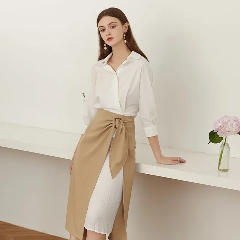 

2023 Summer Women Casual Irregular Pleated Skirt Office Lady Mid-length High Waist A-line Skirts All-match Solid Streetwears