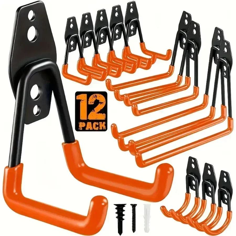 12 Pack Heavy Duty Steel Hooks with Anti-Slip Coating, Wall Mount Organizer for Hanging Tools, Ladders, Hose, Bikes, Ropes