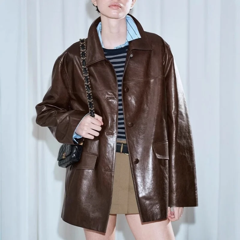 Damen-Jacke aus echtem Leder, leichter und lässiger Retro-Stil, ölgewachstes Schaffell, modisches Revers, weit geschnittener Trenchcoat