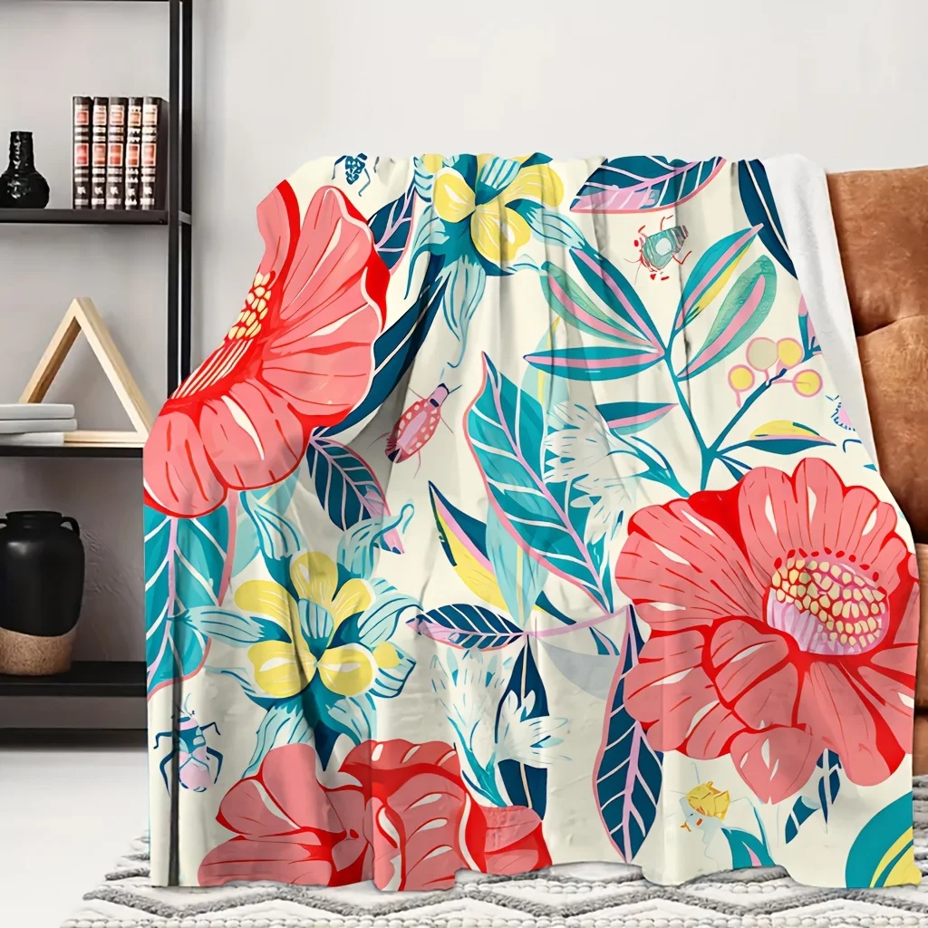 1pc Bright Red Poppy Tropical Leaf Vibrant Print Flannel Blanket, Comfortable and Practical, Suitable for Blankets, Kid Bed Cove