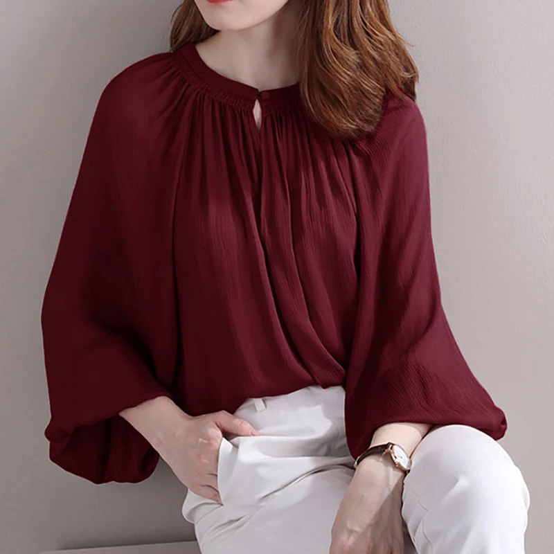 2023 Spring New Fashion Elegant Chic Ruffled Lantern Sleeve Office Lady Chiffon Shirt Casual Loose Solid Blouse Top Women Blusas