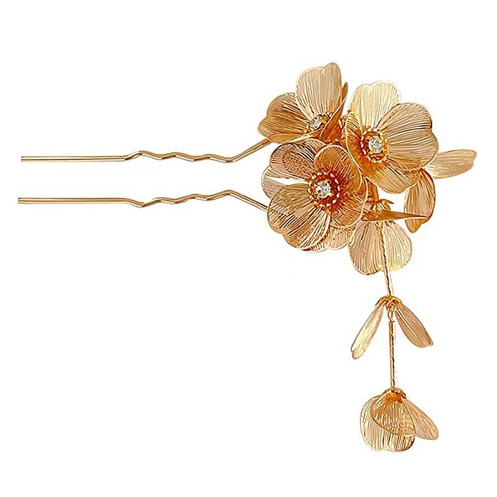 1 Pcs Golden Silvery Hollow Flower Long Leaf Tassel Hairpin Hair Fork Chinese Bridal Wedding Charm Headwear Jewelry Accessories