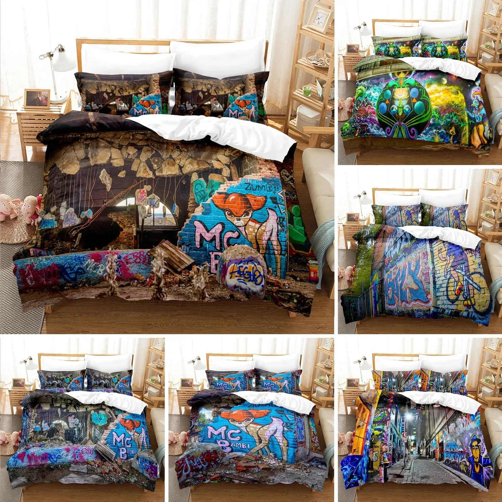 

Graffiti Duvet Cover Set KingQueen Size Kid Boys Youth Modern Wall Urban Street Art Painting Polyester Bedding Set Pillowcases