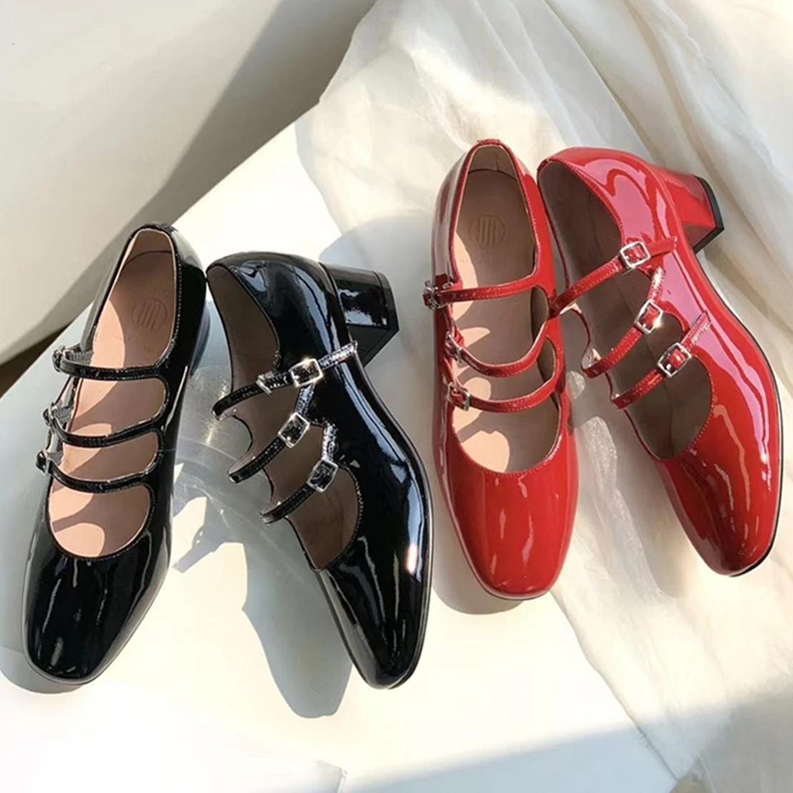 

Jenny&Dave Genuine Leather Retro Mary Jane Women's Shoes Women Shoes Middle Patent Leather Comfortable Heel Square Toe