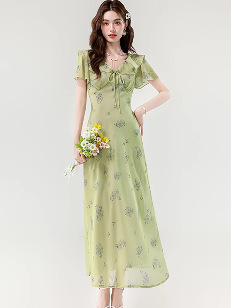 Feminino verde floral chiffon chique arco babados colarinho vestido longo verão boho elegante vestido de férias 2025 coreano bodycon vestido de festa