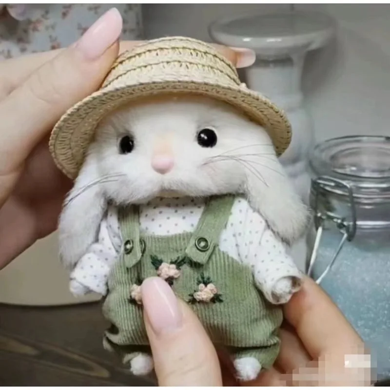 Cute Gardener Lop-Eared Bunny Plush Toy - 14cm Handmade Stuffed Rabbit with Straw Hat & Overalls, Perfect Gift for Girls