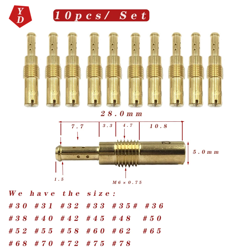 10 Pcs a Set Motorcycle Carburetor Injector Nozzle Main Jet Carburetor Slow Pilot Jet For PWK OKO CVK  the Size 30 -78